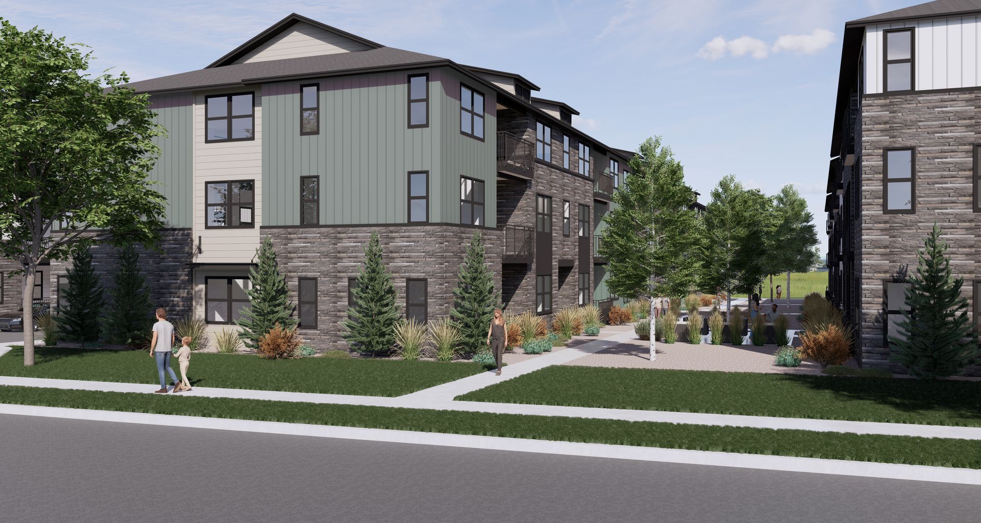 A digital rendering of multi-story apartment buildings with stone and green siding, set back from a sidewalk and street.