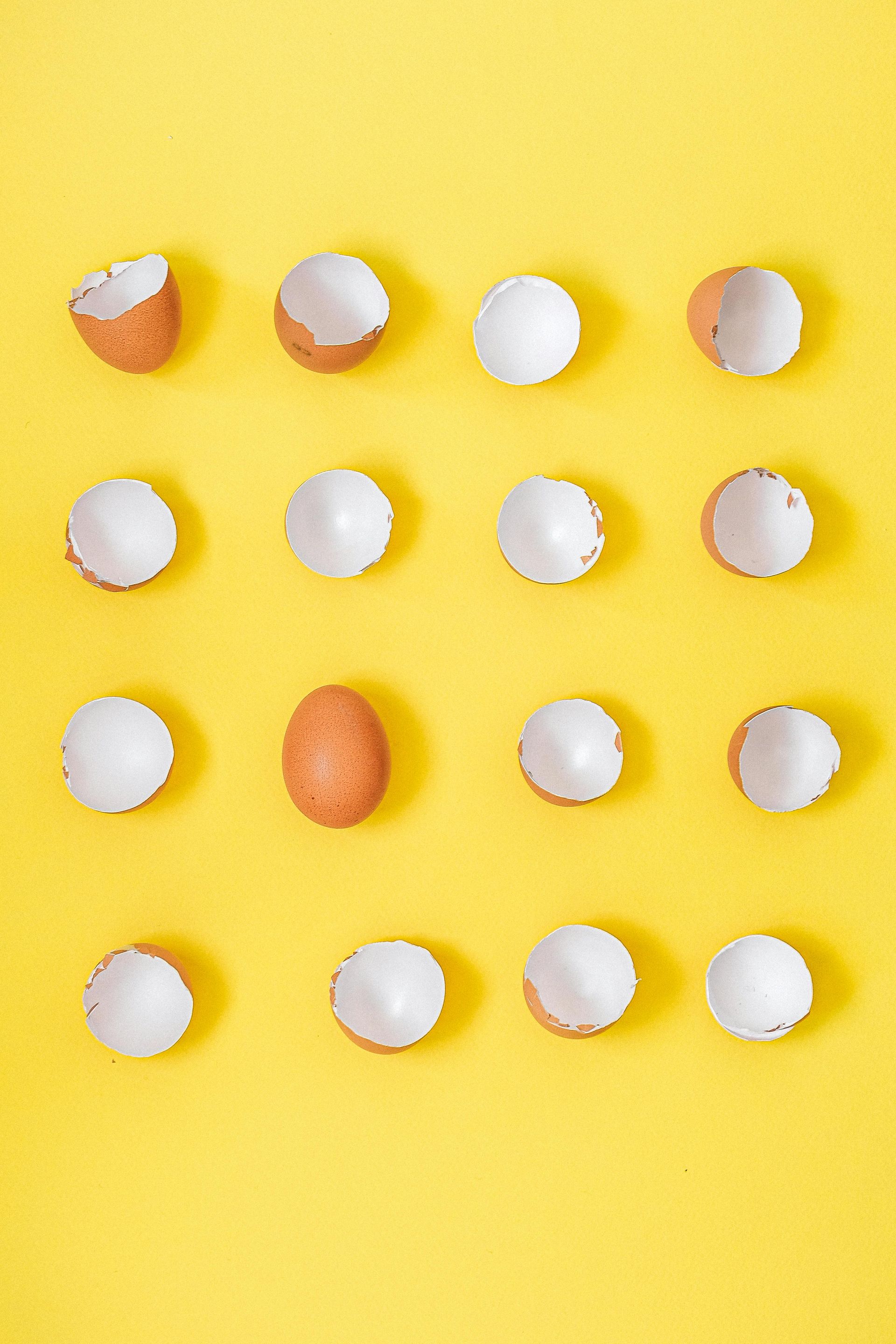 A row of broken eggs on a yellow background.