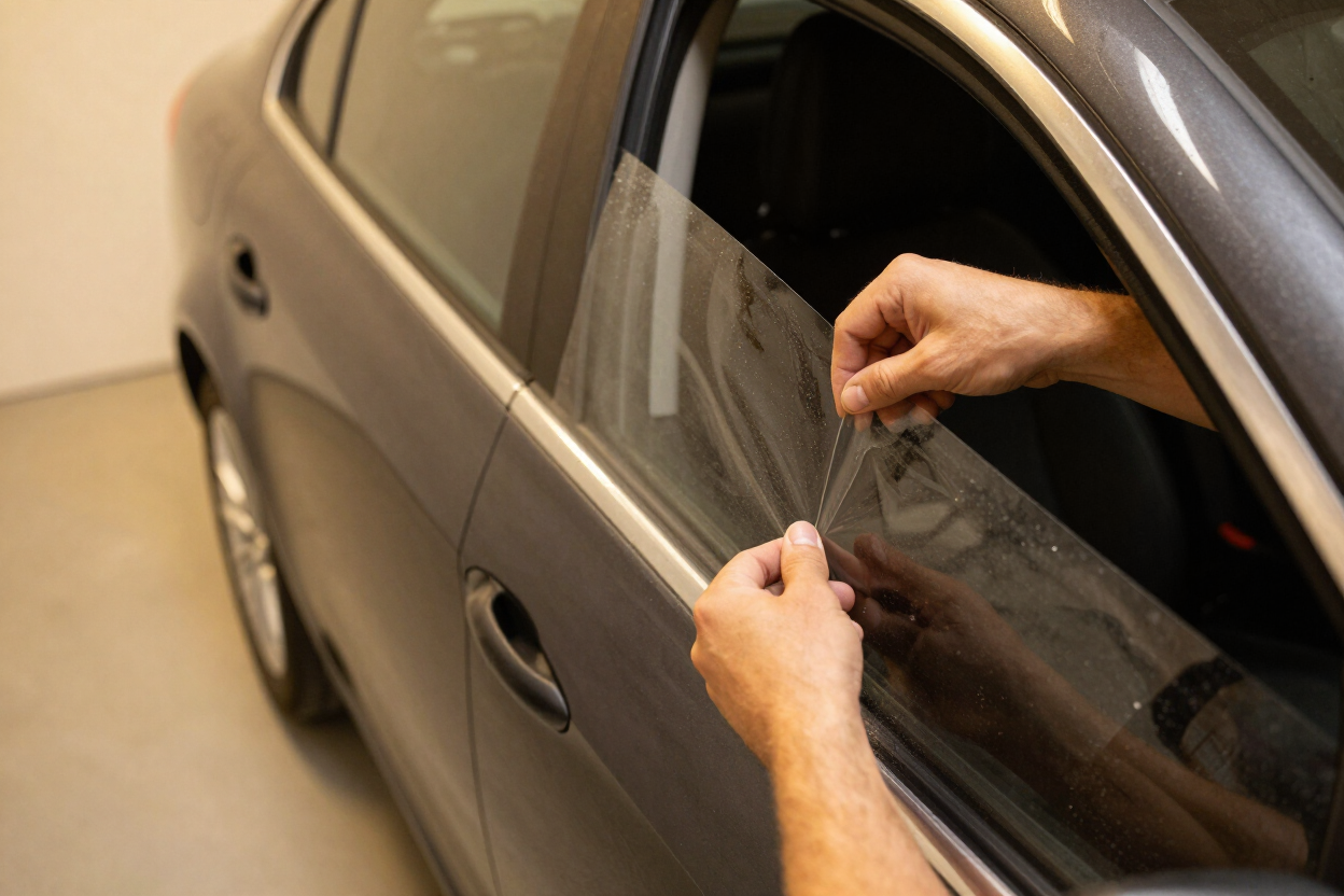 Technician applying vehicle window tint film to a dark sedan door glass at Auto Trim Designs & Tint in Pearl, Mississippi.