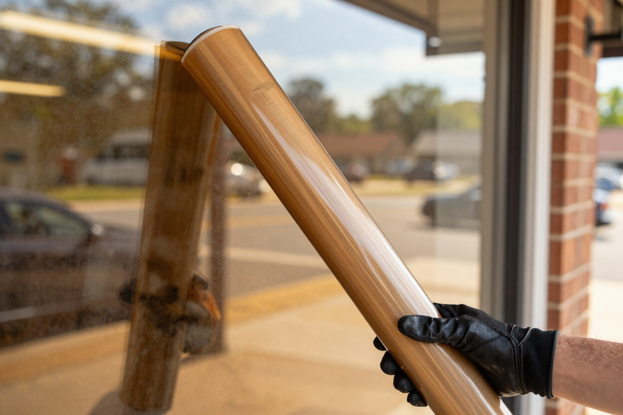 Llumar certified window tint film being inspected at Auto Trim Designs & Tint shop in Pearl, Mississippi.