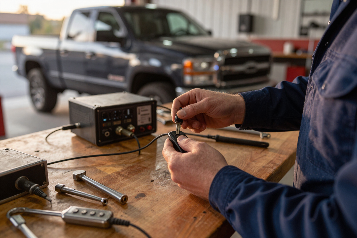 Technician programming a replacement key fob for a vehicle at Auto Trim Designs & Tint in Pearl, Mississippi.