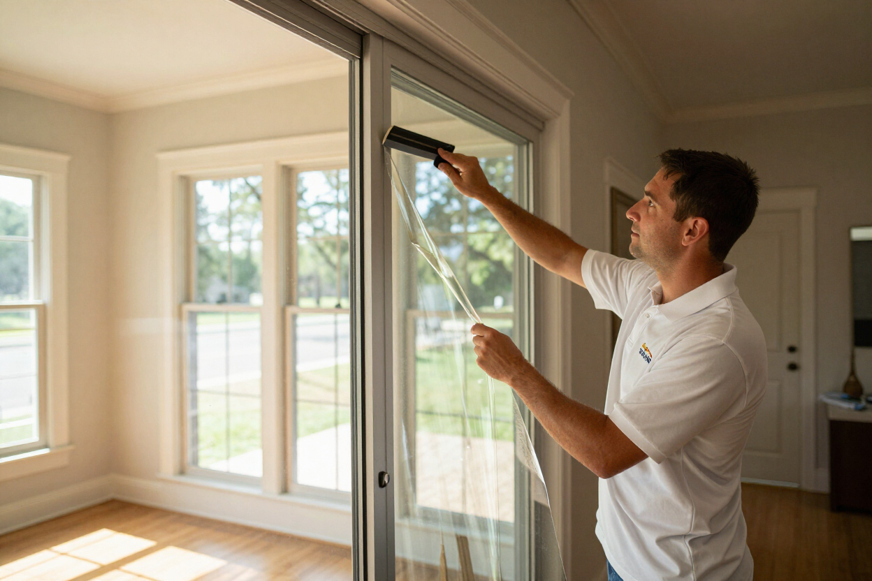 Auto Trim Designs & Tint installer applying residential window film to a sliding glass door.