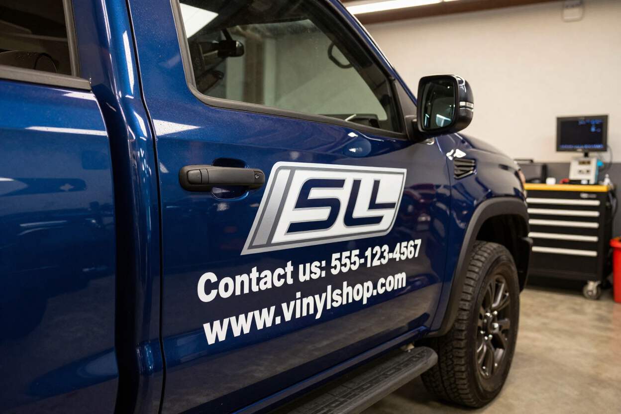 Partial vinyl wrap with logo and contact details applied to a commercial truck at Auto Trim Designs & Tint in Pearl, MS.