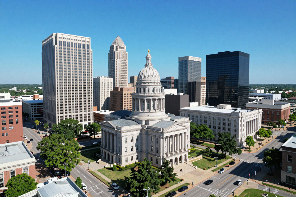 State capitol building in a city skyline on a sunny day.