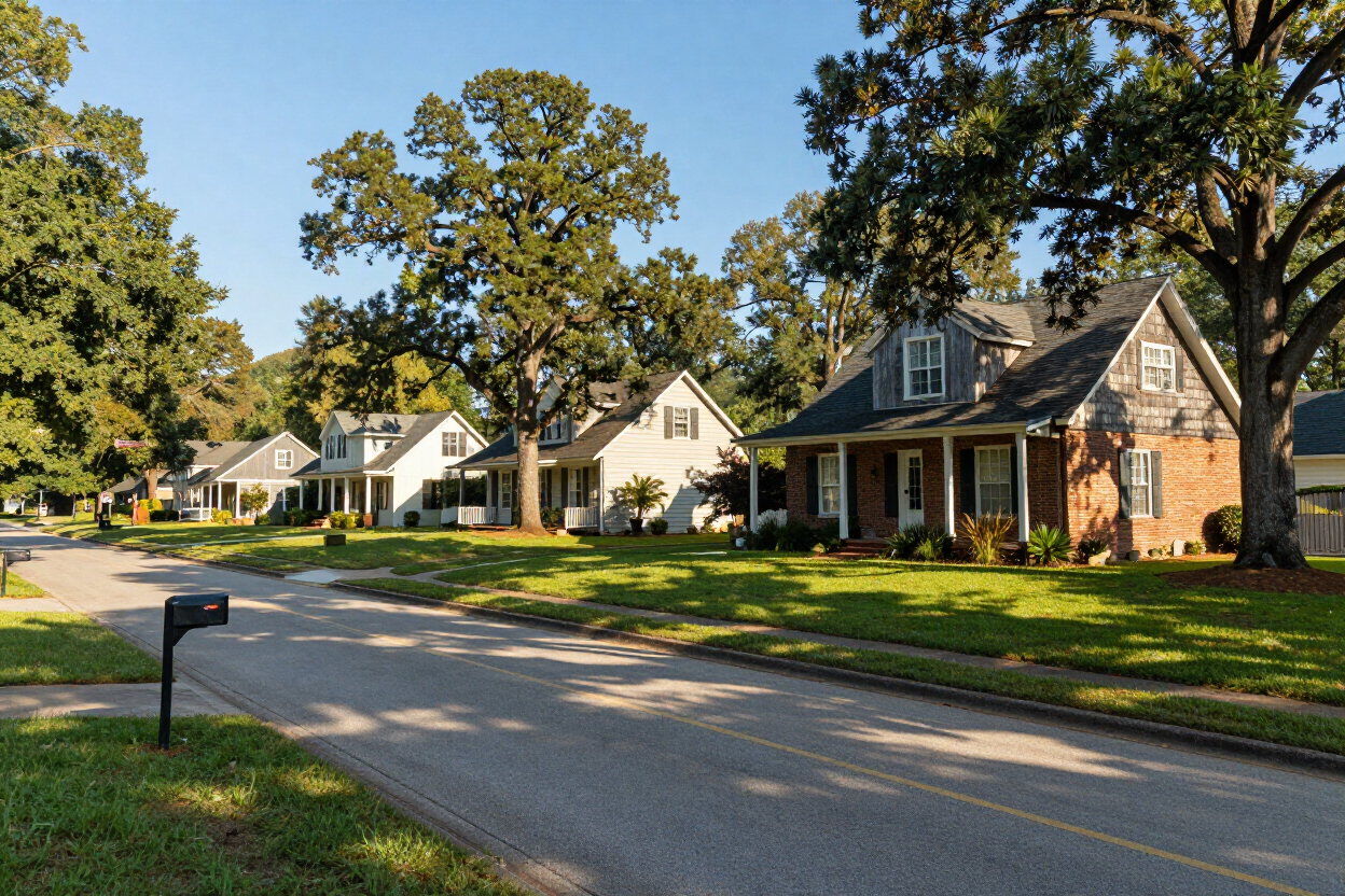 Quiet suburban street with houses, green lawns, and mature trees on a sunny day.