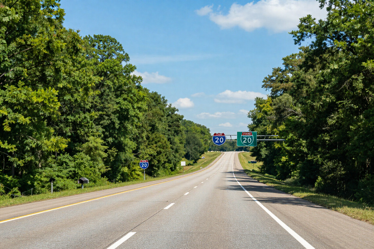Empty highway flanked by dense green trees under a blue sky with road signs ahead.