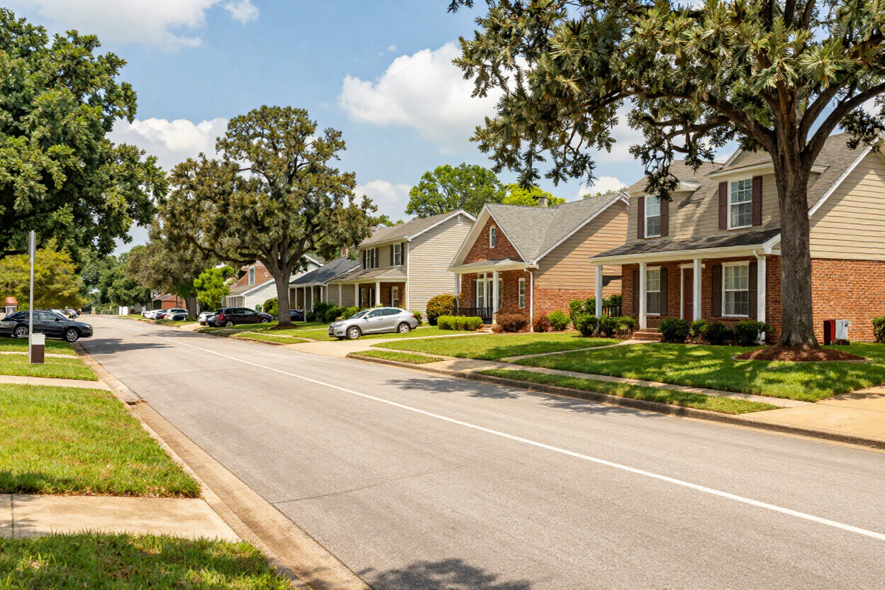 Quiet suburban street with trees, single-family houses, parked cars, and a clear sunny sky.