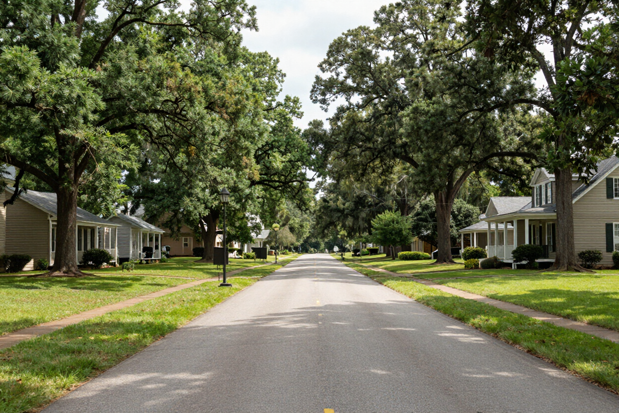 Quiet residential street lined with large green trees and houses on both sides.