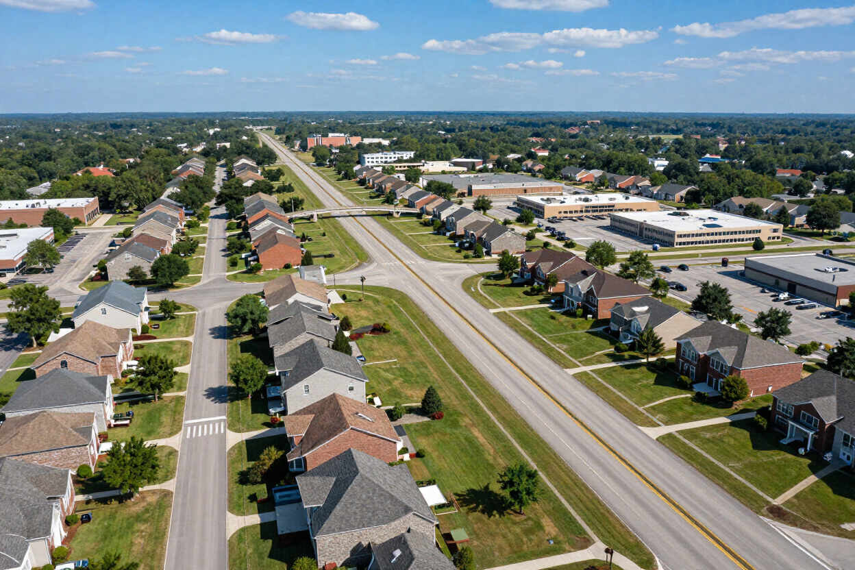Aerial view of a suburban neighborhood beside a main road, with houses, trees, and commercial buildings.