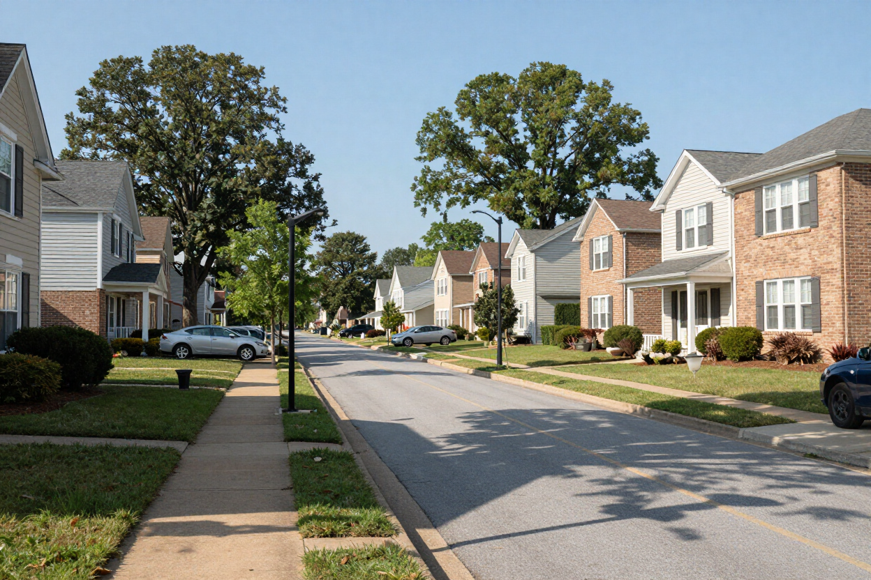 Suburban residential street with sidewalks, trees, and brick townhouses on a sunny day.