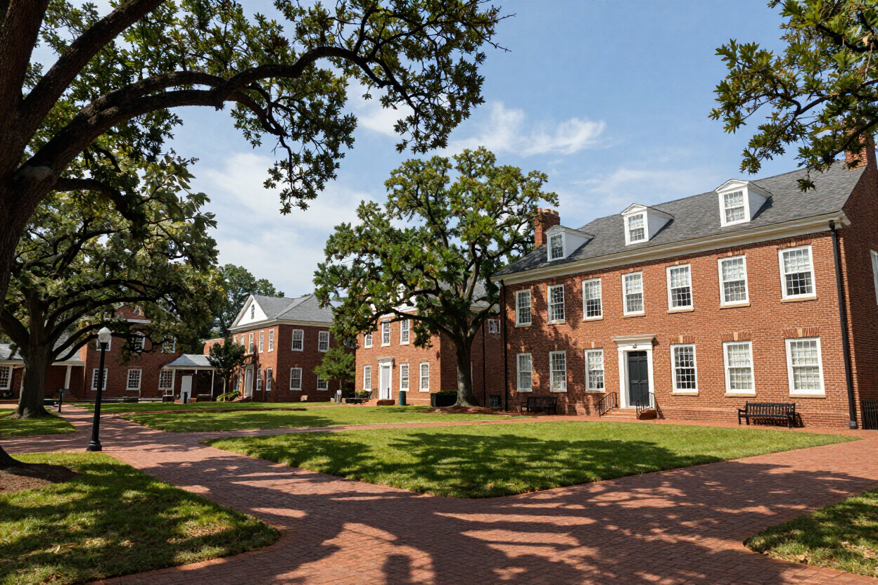 Brick campus buildings around a tree-lined courtyard with a red brick path under a blue sky.