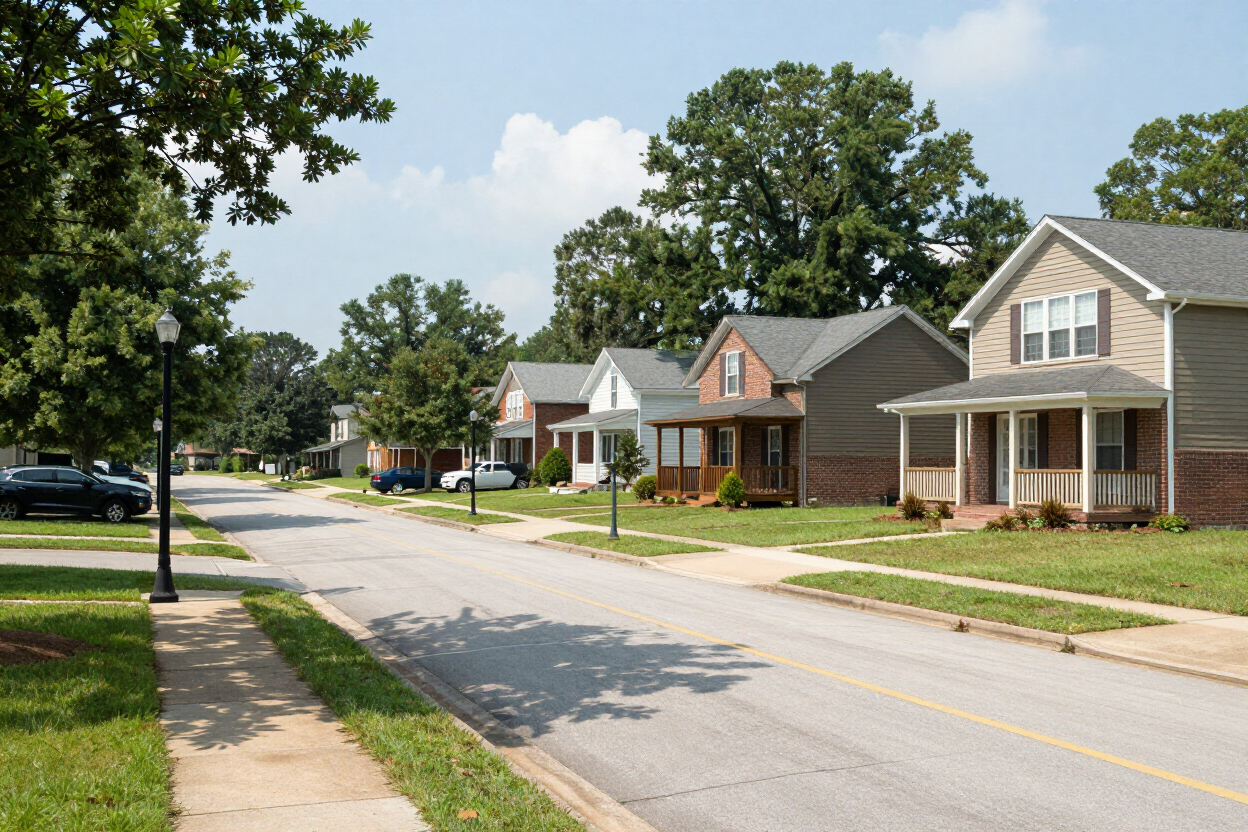 Quiet suburban street with houses, trees, sidewalks, and parked cars on a sunny day.