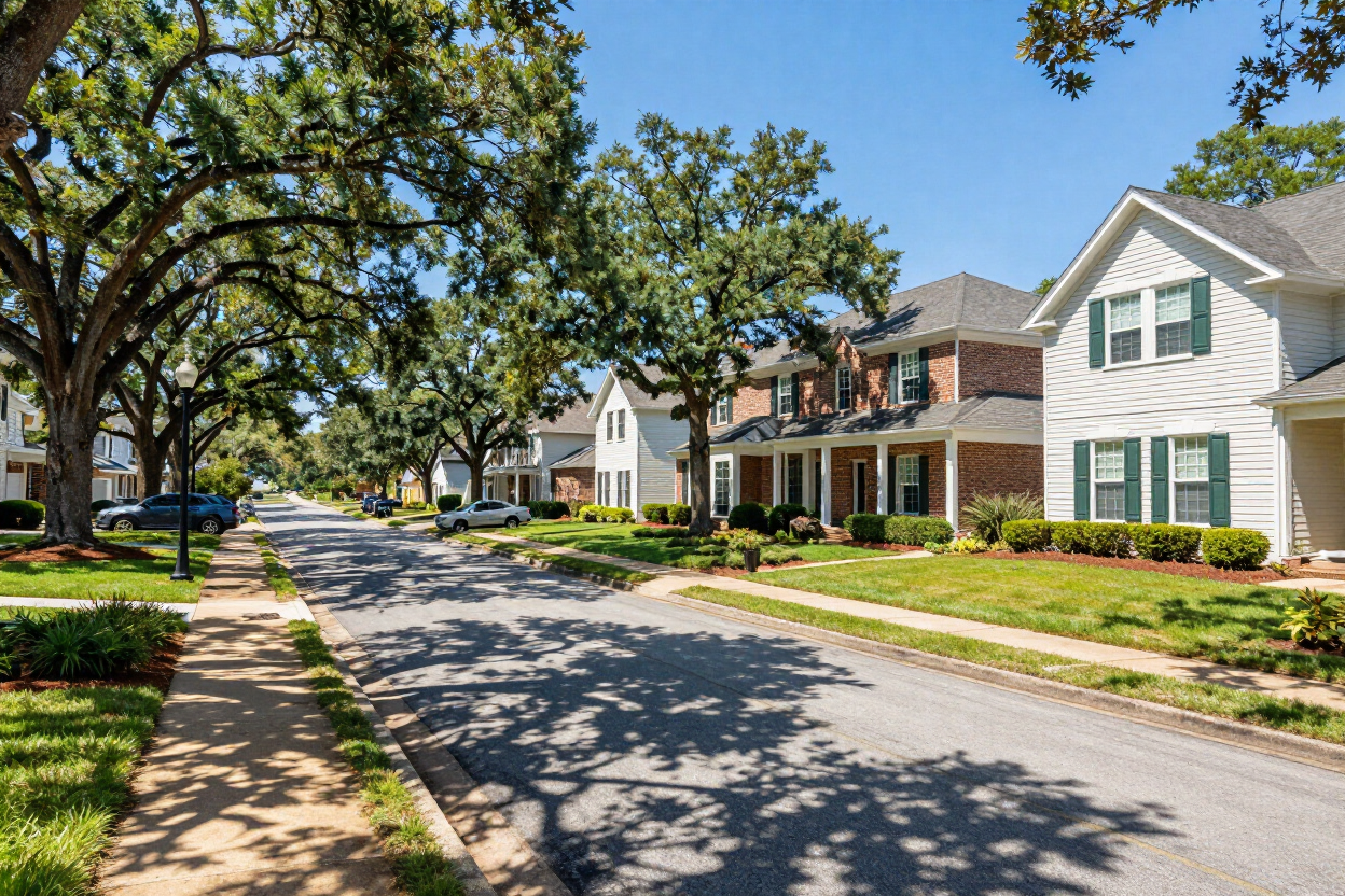 Tree-lined suburban street with houses, green lawns, and sunny afternoon shadows.