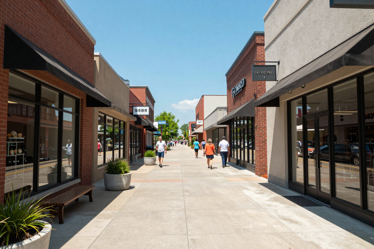 Open-air shopping walkway with storefronts, planters, and a few people walking in the distance.