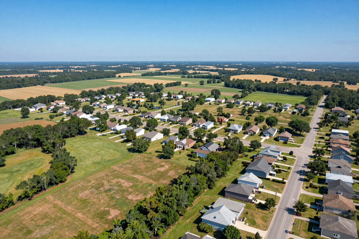 Aerial view of a suburban neighborhood beside fields and open farmland on a clear day.