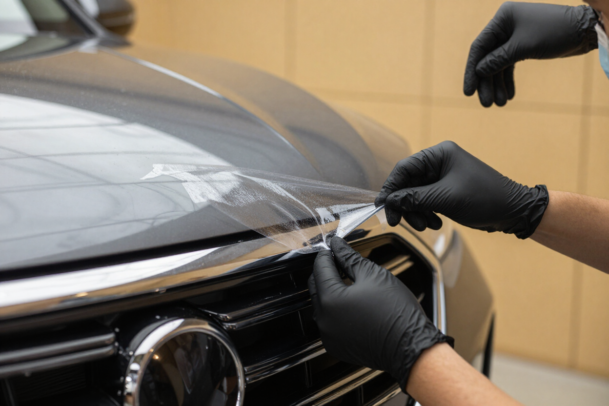 Installer applying clear paint protection film to the front bumper of an SUV at Auto Trim Designs & Tint in Pearl, MS.