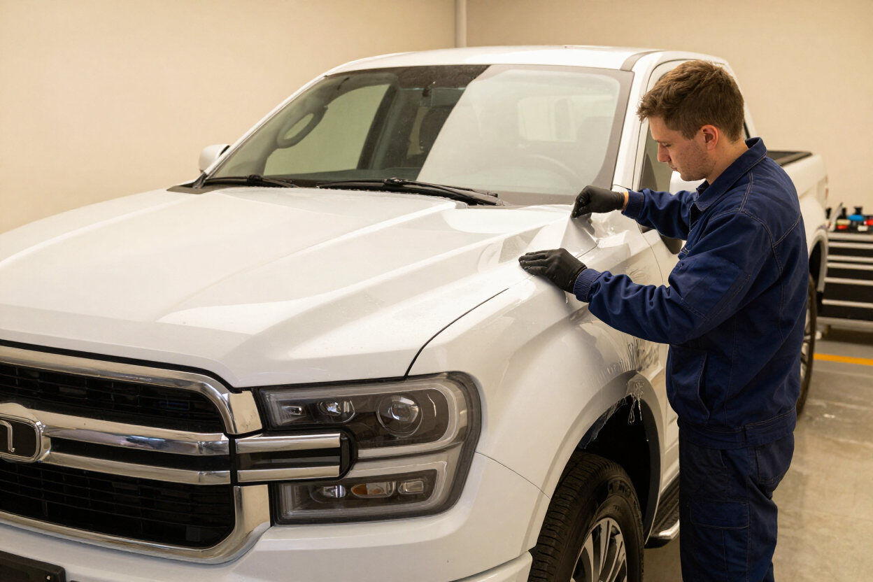 PPF installation covering the hood, bumper, and mirrors of a white pickup truck at Auto Trim Designs & Tint in Pearl, MS.