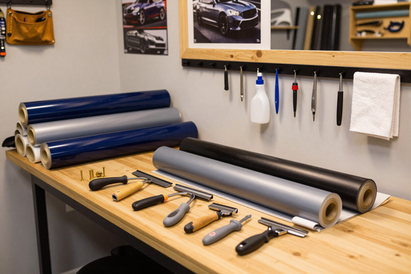 Workshop table with rolls of vinyl, knives, and tools arranged beneath hanging supplies.