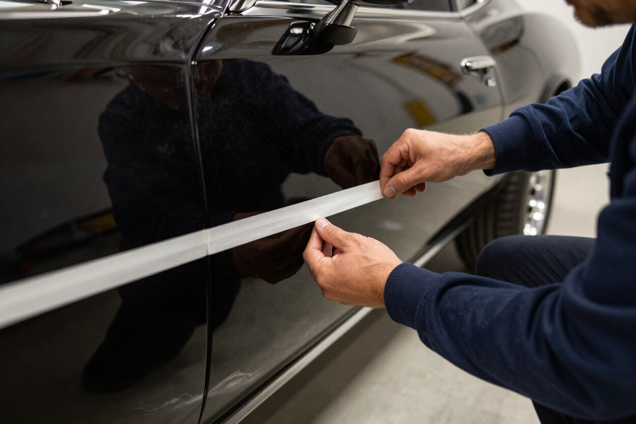 Technician applying a precision pinstripe along the lower body panel of a car at Auto Trim Designs & Tint in Pearl, MS