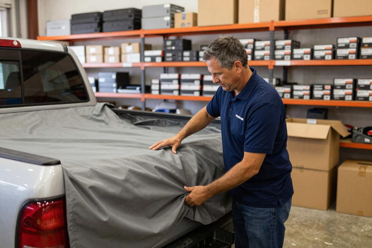 Experienced installer fitting an automotive accessory on a truck inside the Auto Trim Designs & Tint workshop in Pearl, MS