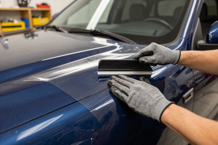 Gloved hands applying a squeegee to a blue car hood during paint protection film installation.