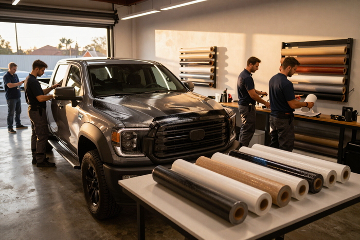 Black pickup truck in a workshop, with workers handling rolls of material on a workbench.