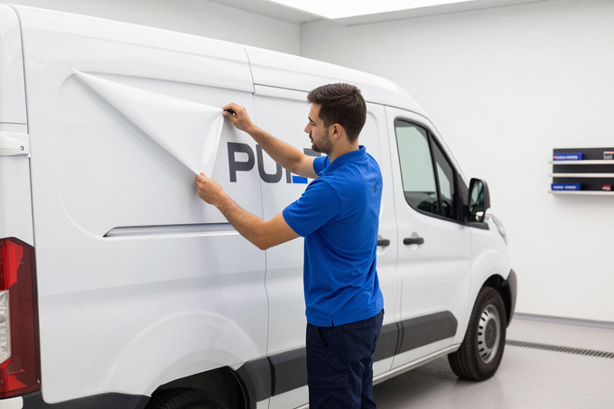 Installer applying vinyl fleet graphics to a white commercial van in Pearl, MS shop.
