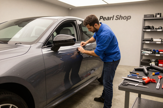 Technician applying vinyl pinstripe along sedan body panel in a Pearl, MS auto shop.
