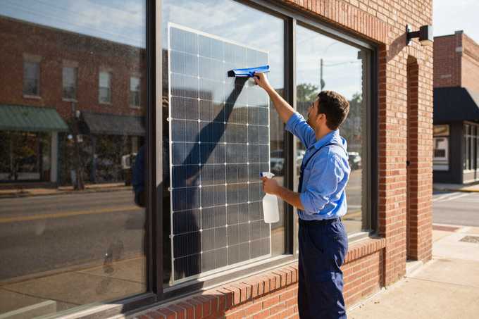 Technician applying solar control film to commercial storefront glass in Mississippi
