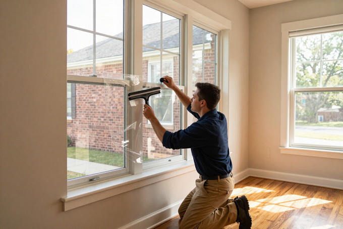 Person installing a window blind in a bright living room with large windows and hardwood floors.
