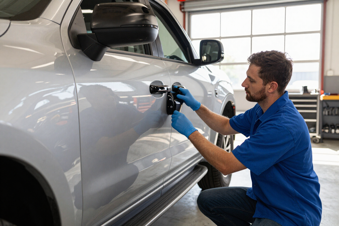 Technician installing door handle cover on a silver pickup truck in Mississippi shop.