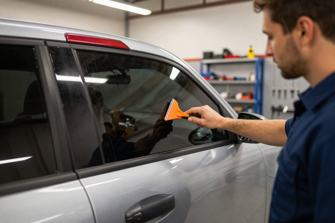 Man cleaning a car window with an orange cloth in a garage.