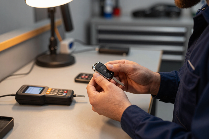 Technician programming a key fob at a workbench in an auto shop.