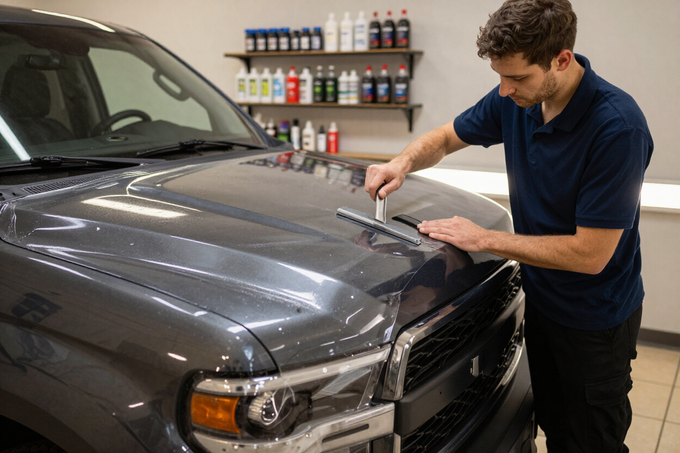 Installer applying clear paint protection film to a truck hood in a Pearl, MS shop.