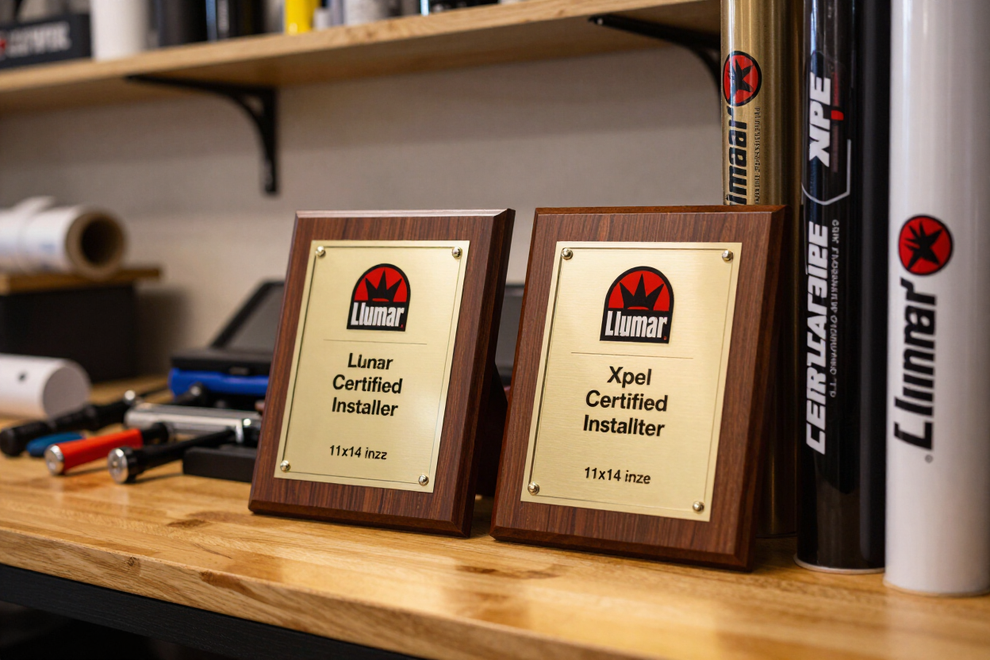 Llumar and Xpel certified installer products displayed at Auto Trim Designs & Tint in Pearl, Mississippi.