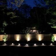 Nighttime garden with lit stone wall, small landscape lights, and dark trees silhouetted above