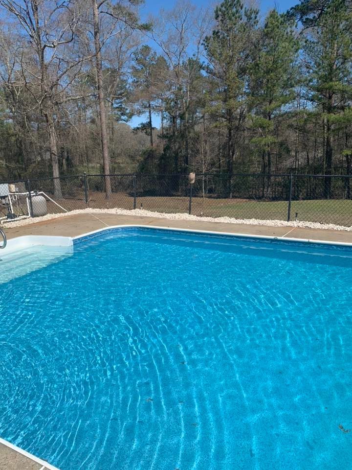 A large swimming pool surrounded by trees on a sunny day.