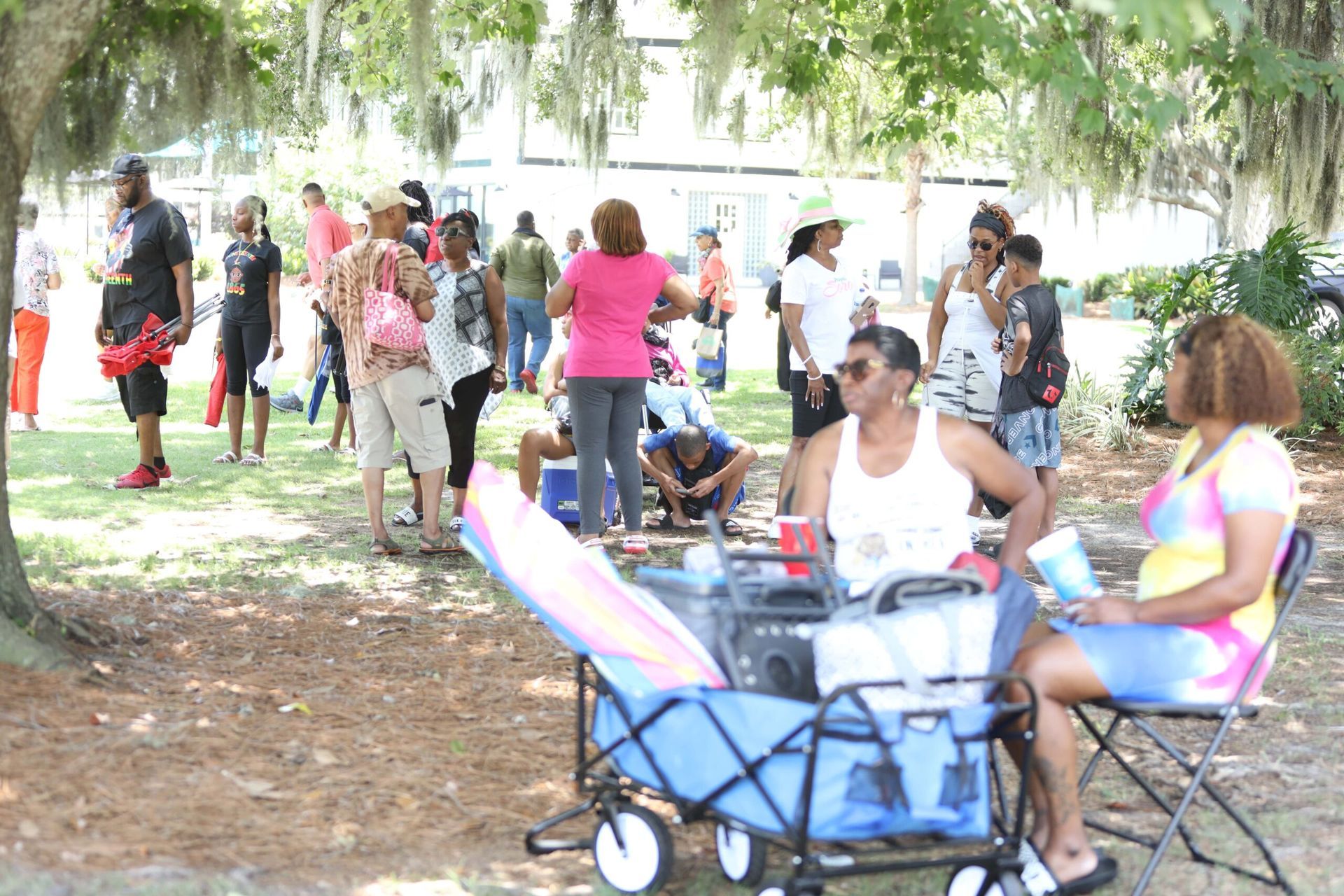 People gathered in a park, with two women seated near a blue stroller in the foreground.