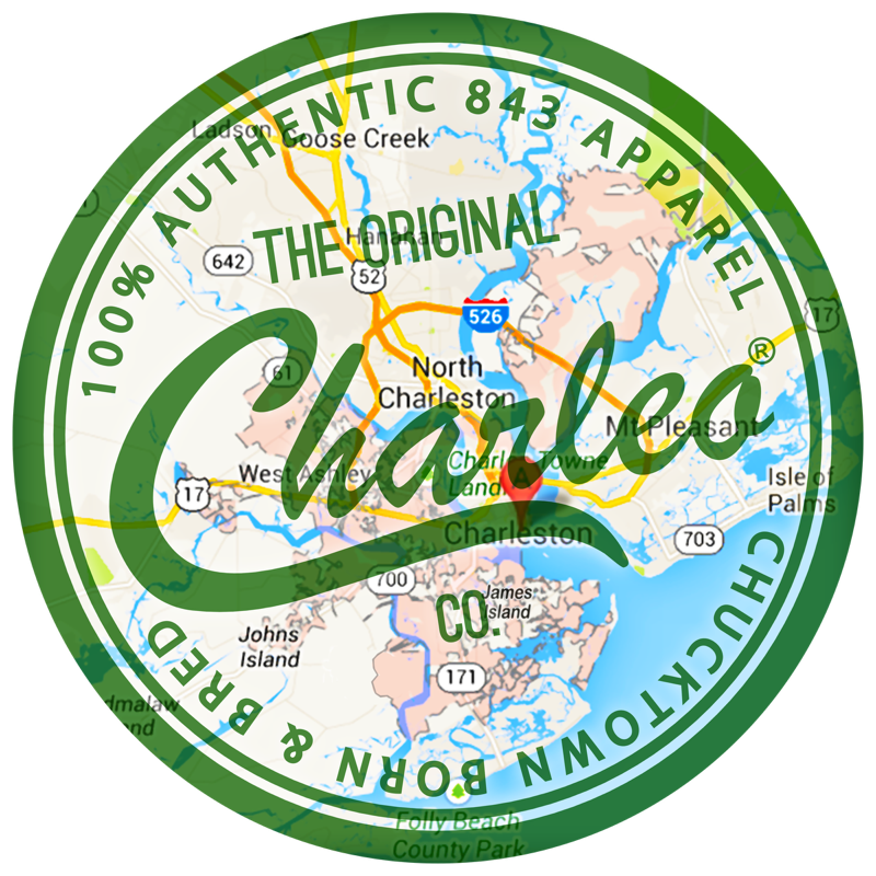 Green circular Charleston apparel logo with map and cursive “Charleston” text