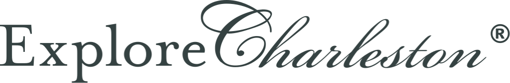 Explore Charleston logo with black script text and a white circular swirl graphic