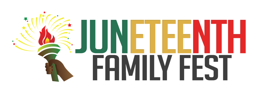 Juneteenth Family Fest logo with torch, rainbow sunburst, and bold green and orange text