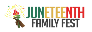 Juneteenth Family Fest logo with torch, rainbow sunburst, and bold green and orange text