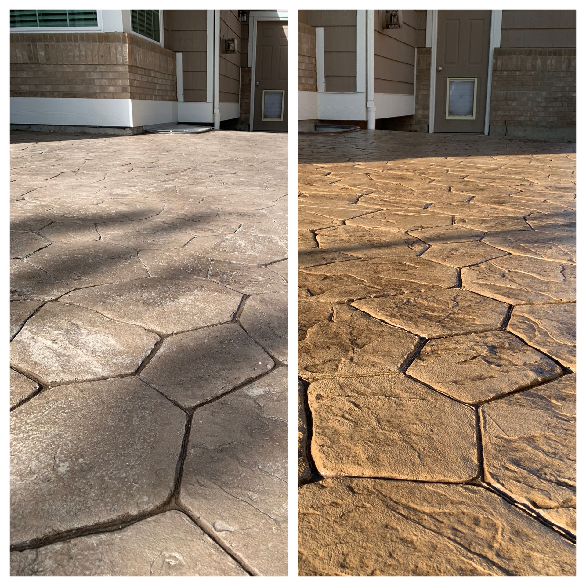 Worker using a paint roller to coat a concrete surface beside a stone patio.
