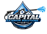 Capital Exterior Solutions LLC logo with blue house, roof, and water spray; clean, protect, restore tagline