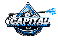 Capital Exterior Solutions LLC logo with blue house, roof, and water spray; clean, protect, restore tagline