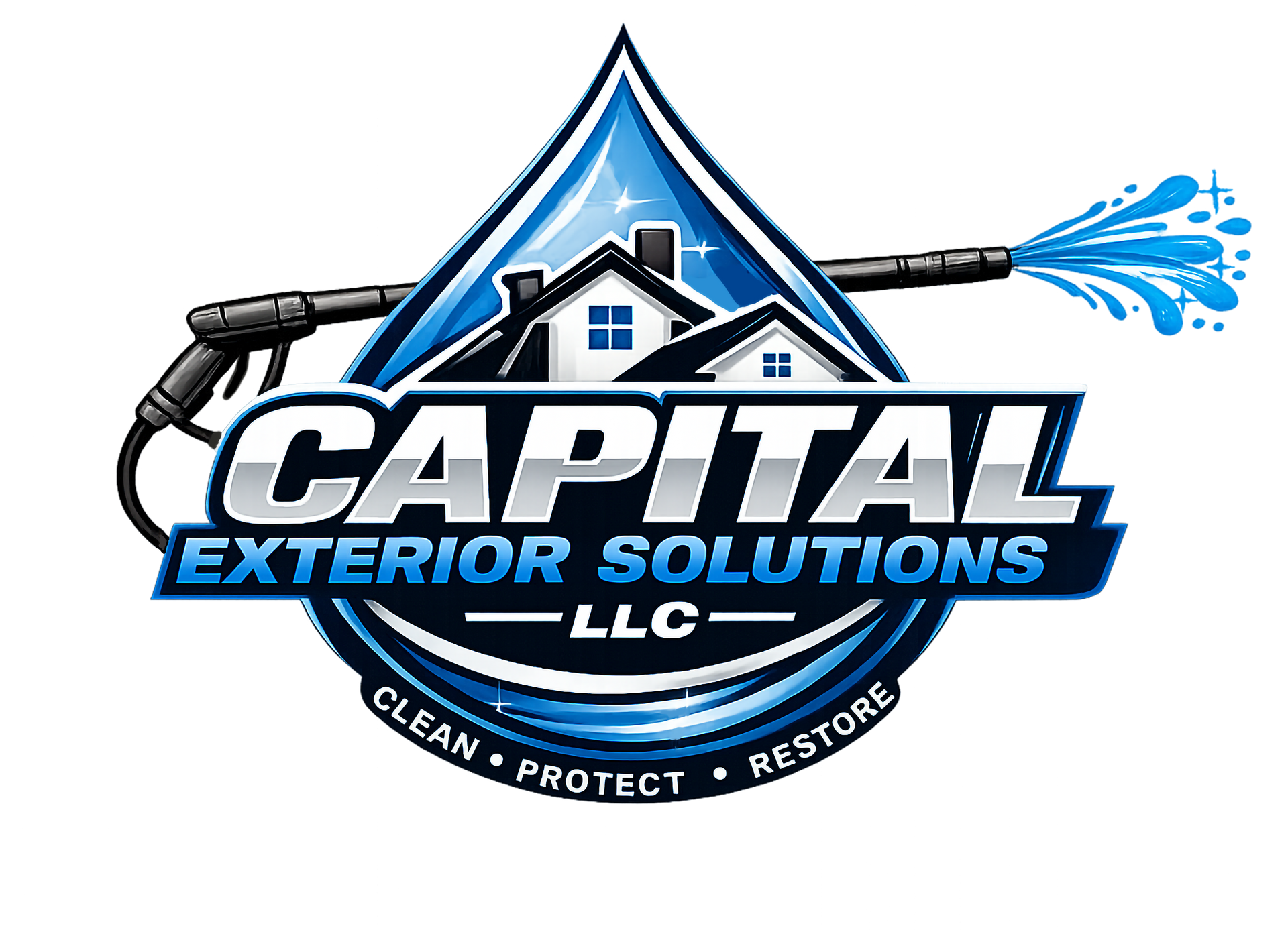 Capital Exterior Solutions LLC logo with blue house, roof, and water spray; clean, protect, restore tagline