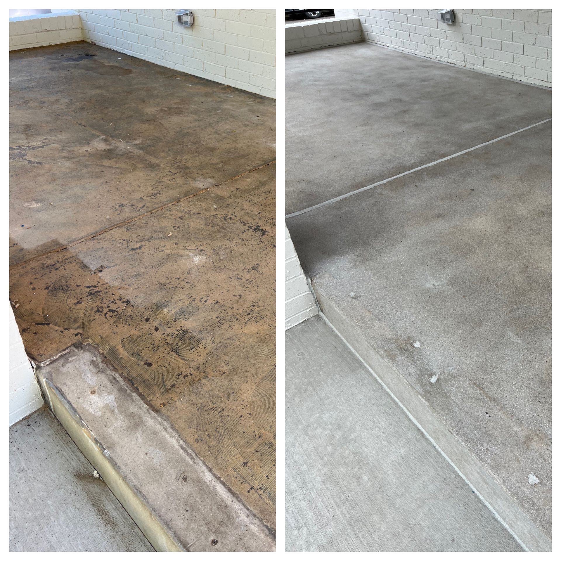 Worker pressure-washing a glossy tiled floor in a hallway, with water spraying across the surface.