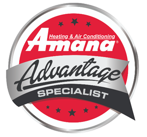 Amana Heating & Air Conditioning “Advantage Specialist” red and silver badge logo