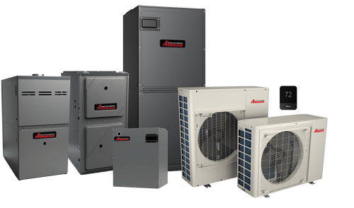 Assorted HVAC units and thermostats on a white background, including gray and beige furnace/AC equipment.