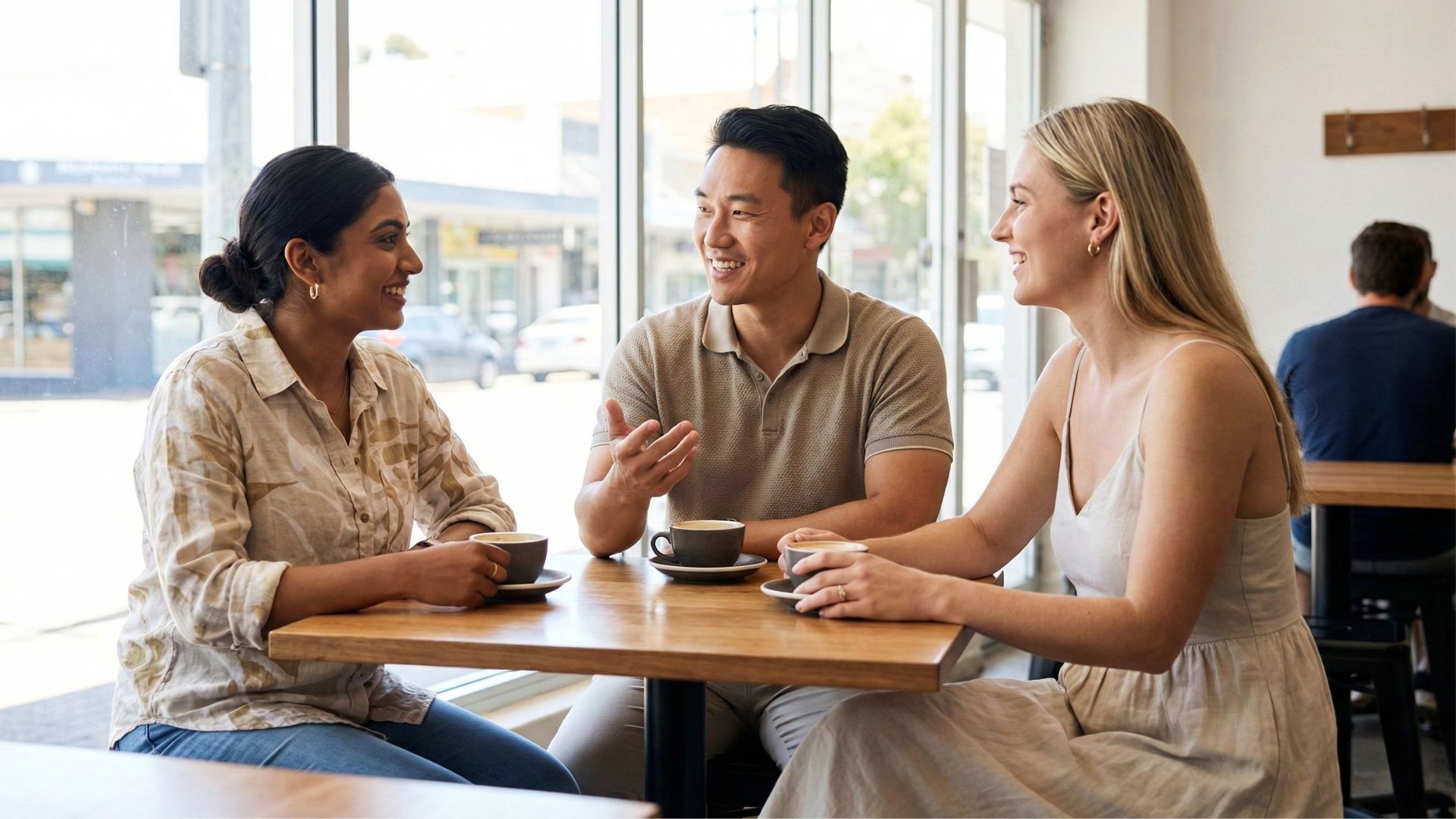 NDIS support workers engaging in a warm, supportive conversation in a bright cafe.
